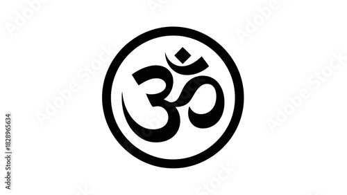A black and white image of the Om symbol enclosed within a circle, representing a sacred sound and spiritual icon in Hinduism, Buddhism, Jainism, and Sikhism.