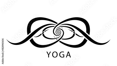 Black and white yoga logo featuring an infinity symbol with a spiral center and the word yoga.