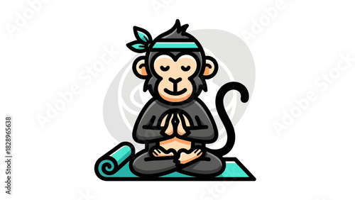 Cartoon monkey meditating in lotus position on a yoga mat with a headband.