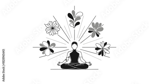 Line art illustration of a person in a meditative yoga pose with radiating light and abstract flowers.