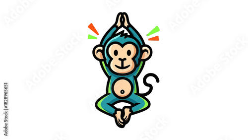 A cartoon monkey in a yoga pose with its hands clasped above its head and a serene expression.