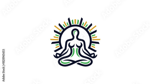Stylized illustration of a person meditating in lotus pose with a radiant aura, symbolizing peace and wellness.