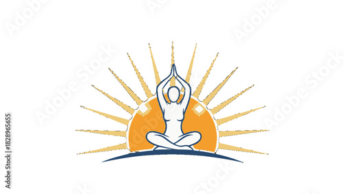 A serene illustration of a person in a yoga pose with hands raised, set against a stylized sun.