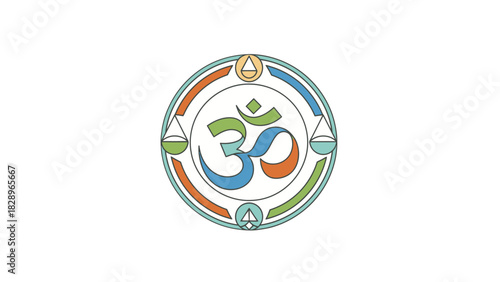 A circular graphic featuring the Om symbol at its center, surrounded by concentric rings and four triangular elements.
