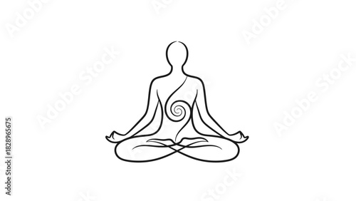 A minimalist line art illustration of a person meditating in the lotus position with a spiral design on their torso, symbolizing inner peace and energy.