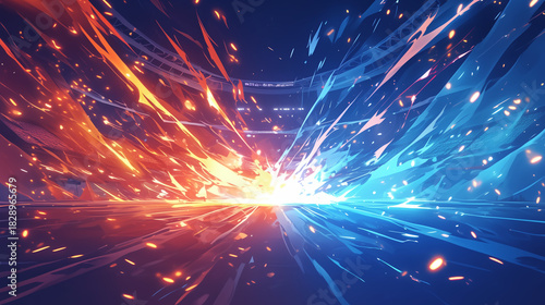 赤と青のエネルギーが衝突する対決の背景、スタジアムの照明と稲妻のエフェクト