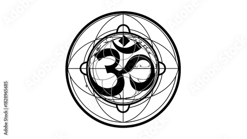 Detailed black and white drawing of the Om symbol inside a circular geometric design.