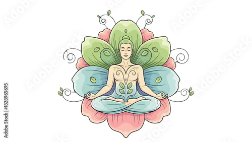 A serene man in a meditative pose, surrounded by stylized lotus petals and delicate green leaves, symbolizing inner peace and spiritual growth.