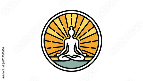A minimalist illustration of a person meditating in lotus position with sun rays in a circular frame, symbolizing peace and enlightenment.