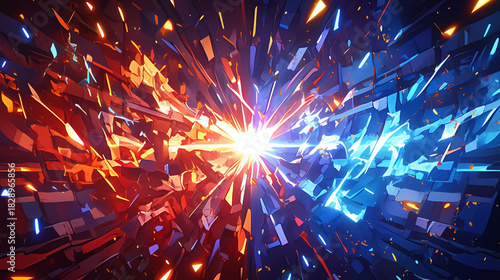 赤と青のエネルギーが衝突する対決の背景、スタジアムの照明と稲妻のエフェクト