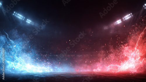 赤と青のエネルギーが衝突する対決の背景、スタジアムの照明と稲妻のエフェクト