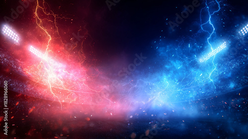 赤と青のエネルギーが衝突する対決の背景、スタジアムの照明と稲妻のエフェクト