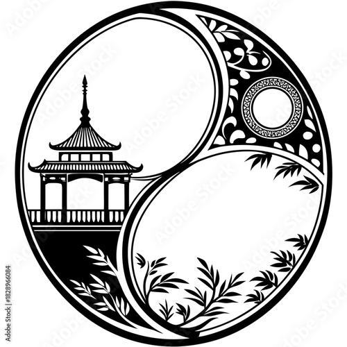 Elegant yin yang design featuring pagoda and bamboo