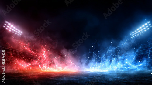 赤と青のエネルギーが衝突する対決の背景、スタジアムの照明と稲妻のエフェクト