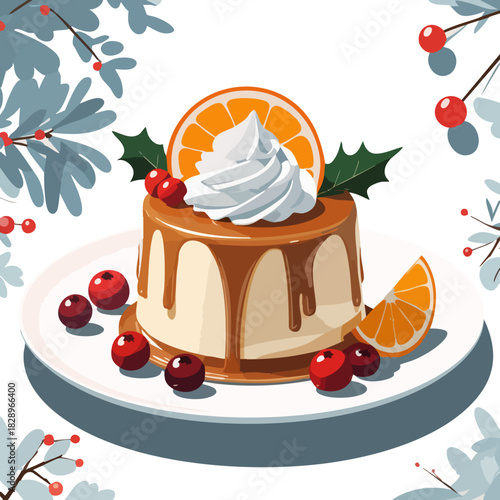 A festive holiday dessert topped with whipped cream, orange slices, holly leaves, and cranberries sits on a white plate surrounded by winter foliage.