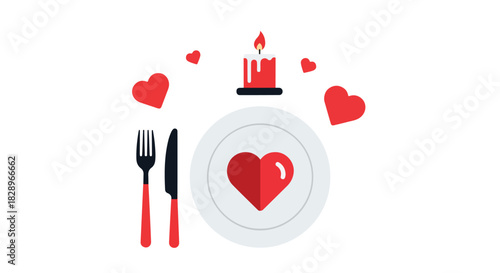 A flat design vector illustration of a romantic dinner setting with a heart on a plate, cutlery, and a candle for a Valentine's Day celebration