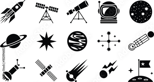 An extensive assortment of monochrome vector icons depicting various elements of space and planetary exploration