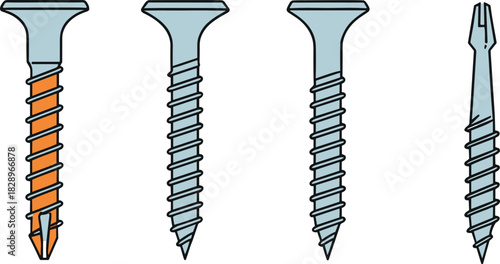 Screw illustration set with varied head and thread designs, vector layout for construction, hardware, and fastening tool concept