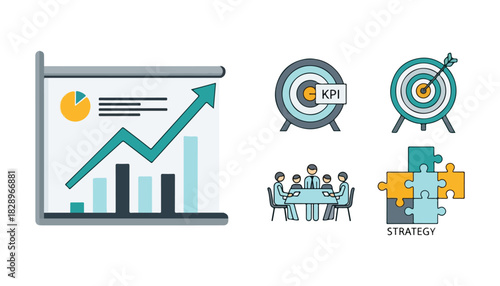 Illustration showing a presentation board with rising graph, target with KPI, dartboard, meeting at a table, and puzzle pieces labeled "strategy.".