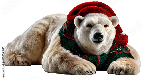 Adorable polar bear wearing a festive Santa hat and scarf ready for the holidays on transparent background