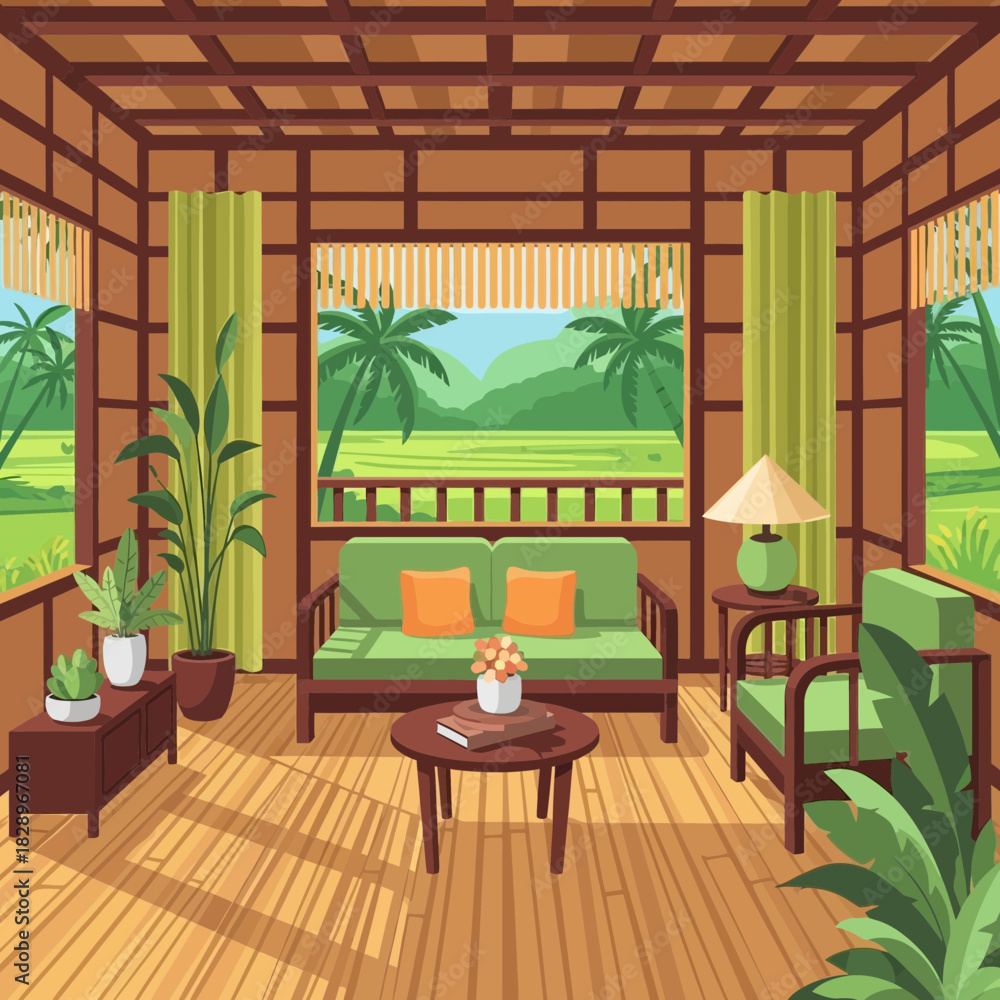 Fototapeta premium Cozy tropical living room interior with nature view, providing a sense of relaxation