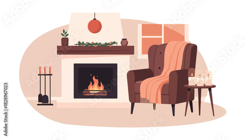 Cozy living room scene featuring a fireplace with burning logs, an armchair with a blanket, candles on a side table, and Christmas decorations.