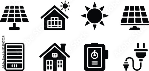 An organized collection of vector icons illustrating solar power systems, home energy, and electricity plugs