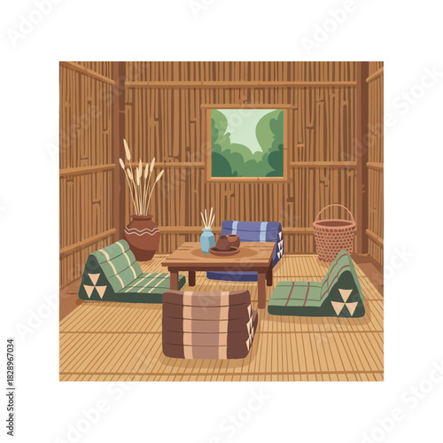 Cozy bamboo room interior illustration with a relaxing atmosphere