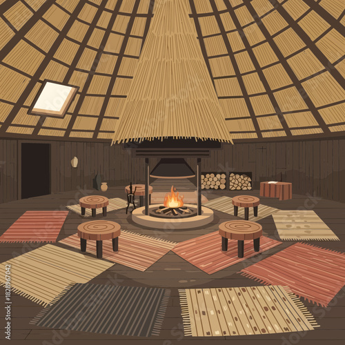 Cozy Interior of a Finnish Lappish Hut with Central Fireplace and Wood Furnishings