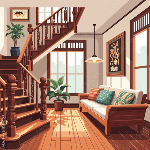 Cozy Interior Scene with Ornate Staircase and Comfortable Seating Area