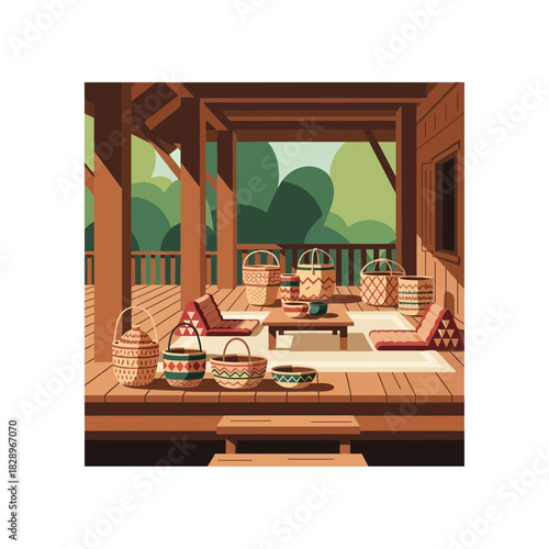 Cozy retreat on a wooden porch filled with artisan baskets and cushions