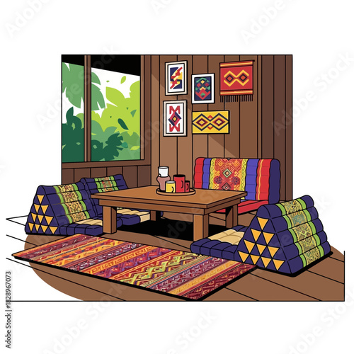 Cozy thai style living room with triangular cushions and wooden interior
