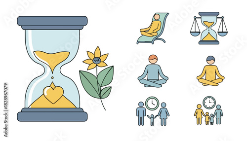Collection of colorful, minimalist icons representing time, well-being, and family concepts.