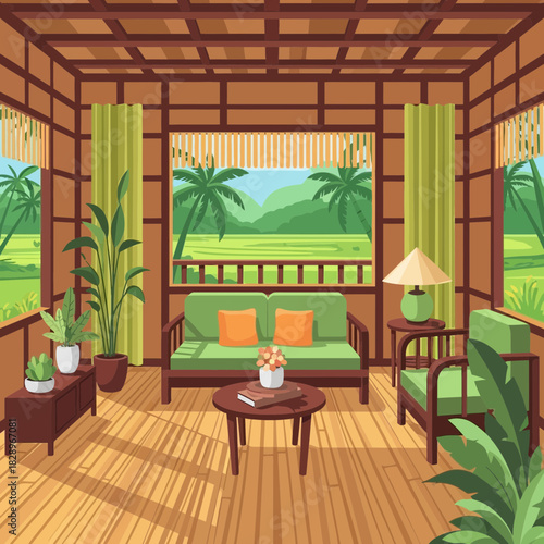 Cozy tropical living room interior with nature view, providing a sense of relaxation
