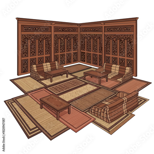 Detailed illustration of a traditional dwelling interior with unique decoration