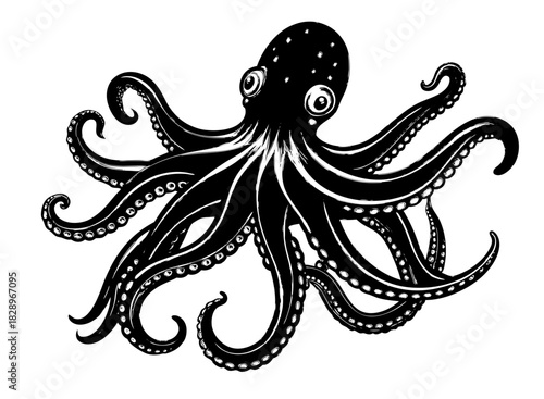 Detailed black octopus drawing with stylized white highlights and swirling tentacles.Isolated transparent background ( include cut-out PNG file ).