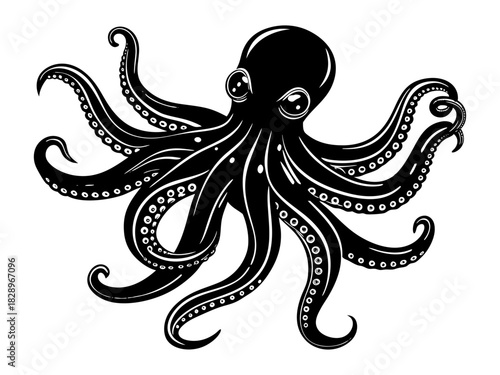 Black and white stylized drawing of a realistic looking octopus on a plain background.Isolated transparent background ( include cut-out PNG file ).