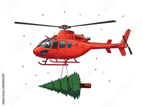 Red rescue helicopter delivers a large undecorated pine tree during winter festive season.Isolated transparent background ( include cut-out PNG file )