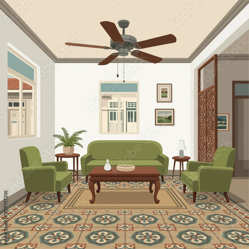 Illustration of a comfortable and classic living room with detailed design