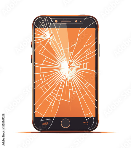 Broken smartphone with spiderweb cracks on the orange screen digital repair needed.Isolated transparent background ( include cut-out PNG file )