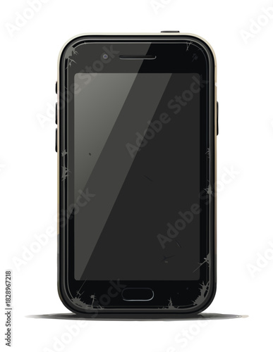 Realistic drawing of a scratched black smartphone with a cracked blank screen.Isolated transparent background ( include cut-out PNG file ).