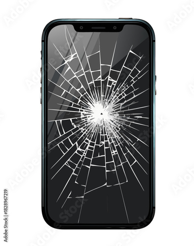 Shattered glass screen on a dark modern smartphone needs urgent replacement service.Isolated transparent background ( include cut-out PNG file )
