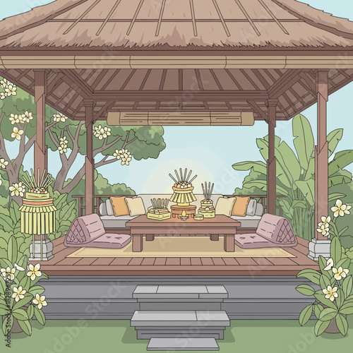 Illustrated Balinese pavilion with offerings and tropical landscape setting