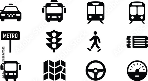 An organized display of black transportation vehicle and travel related icons for urban planning applications