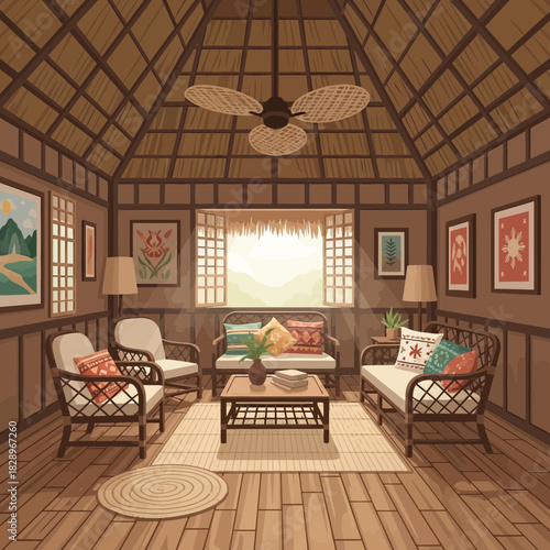 Interior illustration of a traditional Filipino house or cottage, bahay kubo style