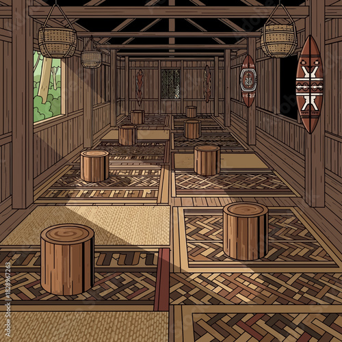 Interior view of traditional tribal meeting space made of wood structure