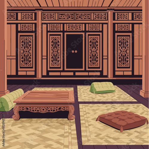 Intricate wooden interior design featuring cultural and traditional elements