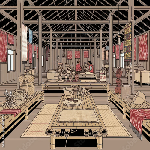 Intricate Illustration of a Traditional Indonesian Village Interior Setting