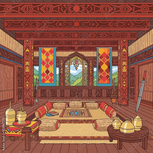 Ornate interior with traditional Eastern design elements and mountain views