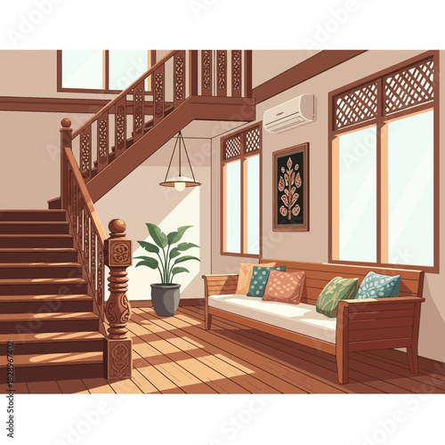 Stylish Interior Depiction with Traditional Elements and Neutral Color Palette